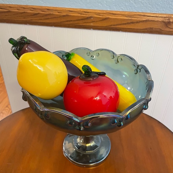 Vintage Indiana Glass Blue Carnival Compote Centerpiece Bowl & Glass Fruit - Picture 2 of 12